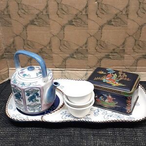 6 pc Ben Rickert minature tea Pot set, serving tray, tin,& 3 mini cups